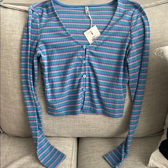 Only Tops - NWT Only Striped Blue, Teal and Purple Cropped Cardigan Top